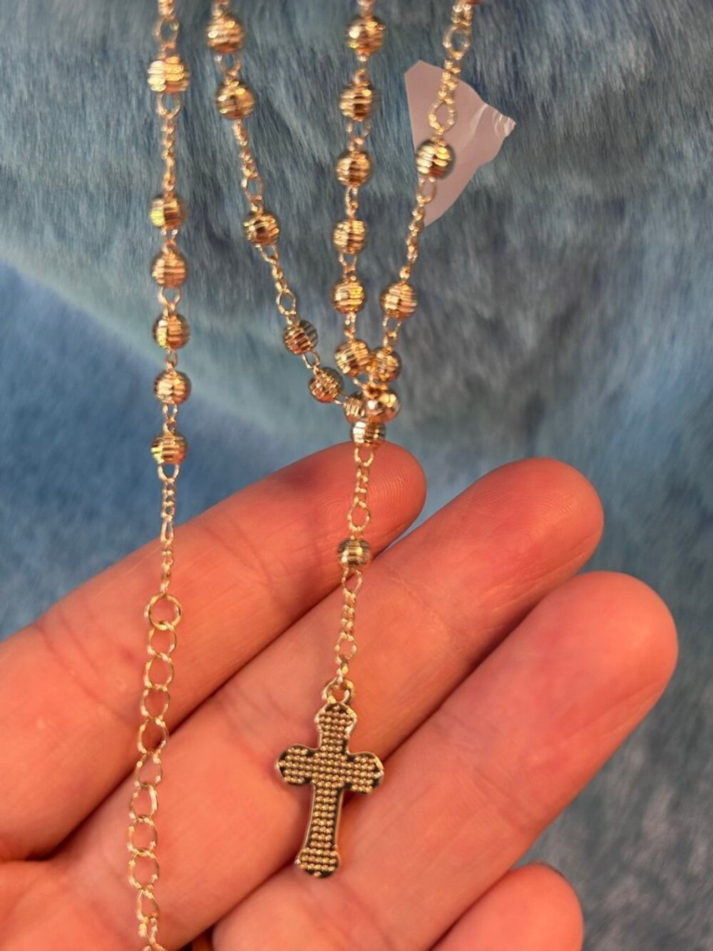 Gold Rosary Necklace - Virgin Mary Centerpiece Cross Pendant 14 Inch